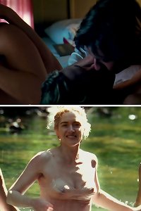 round lady in bed, probing her body with pleasure